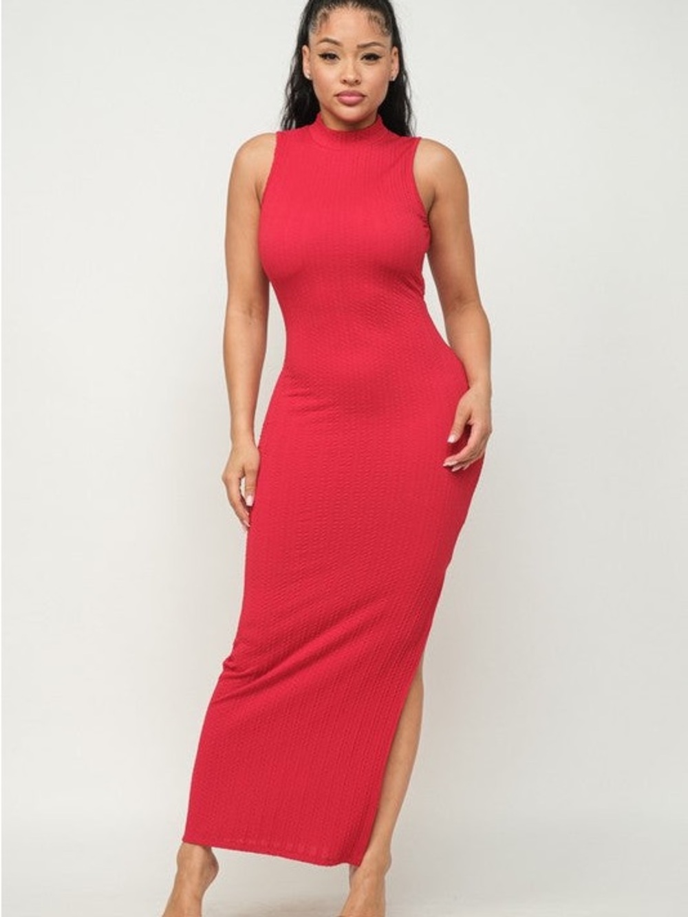 Red Braid Jacquard Mock Neck Bodycon Dress with Side Split